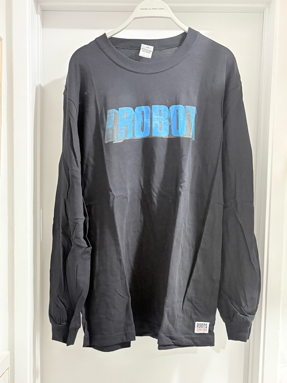 Roots Black Long-Sleeve Tee with Blue "ROBOT" Chest Graphic